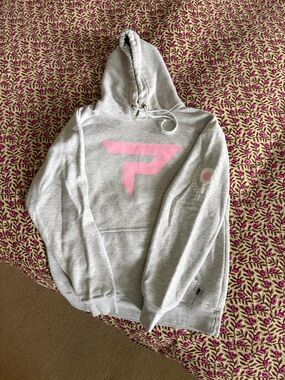 Women's Light Gray Hoodie with Pink Logo - Casual Pullover Sweatshirt